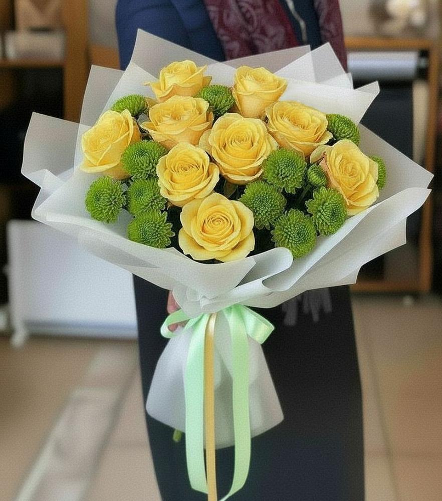 Букет цветов из: Хризантемы и Розы в Калевале