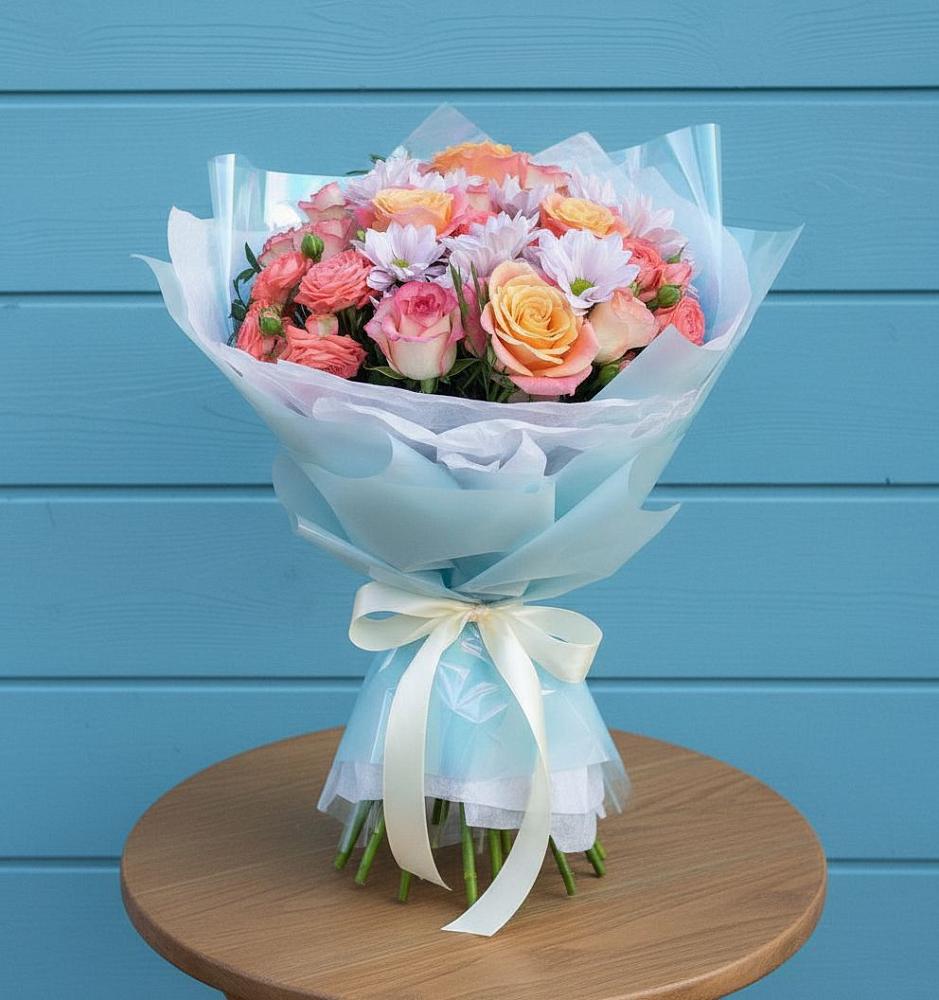 Букет цветов из: Хризантемы и Розы в Калевале