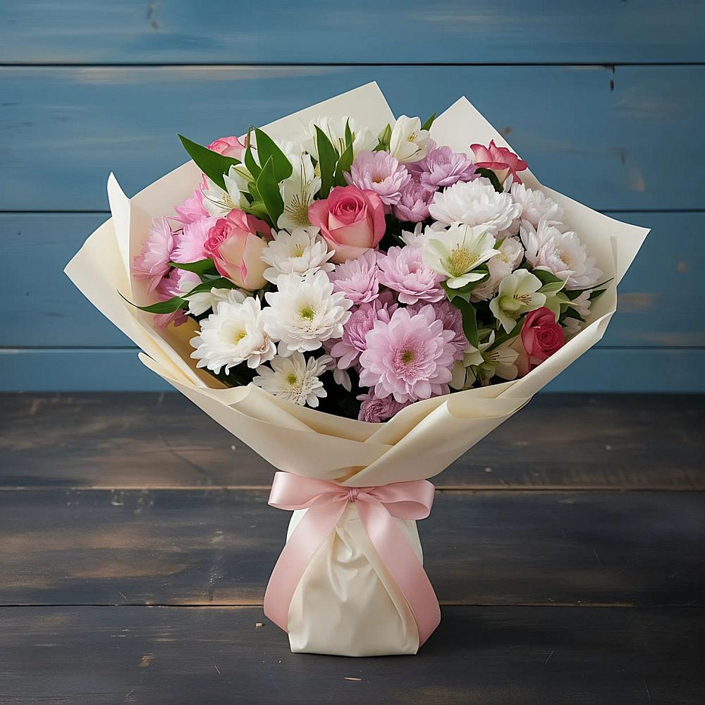 Букет цветов из: Хризантемы, Альстромерии и Розы в Калевале